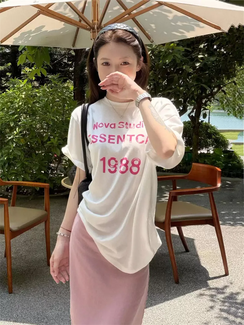 純棉打底衫慵懶寬松字母印花圓領短袖大碼T恤 商品細節 2