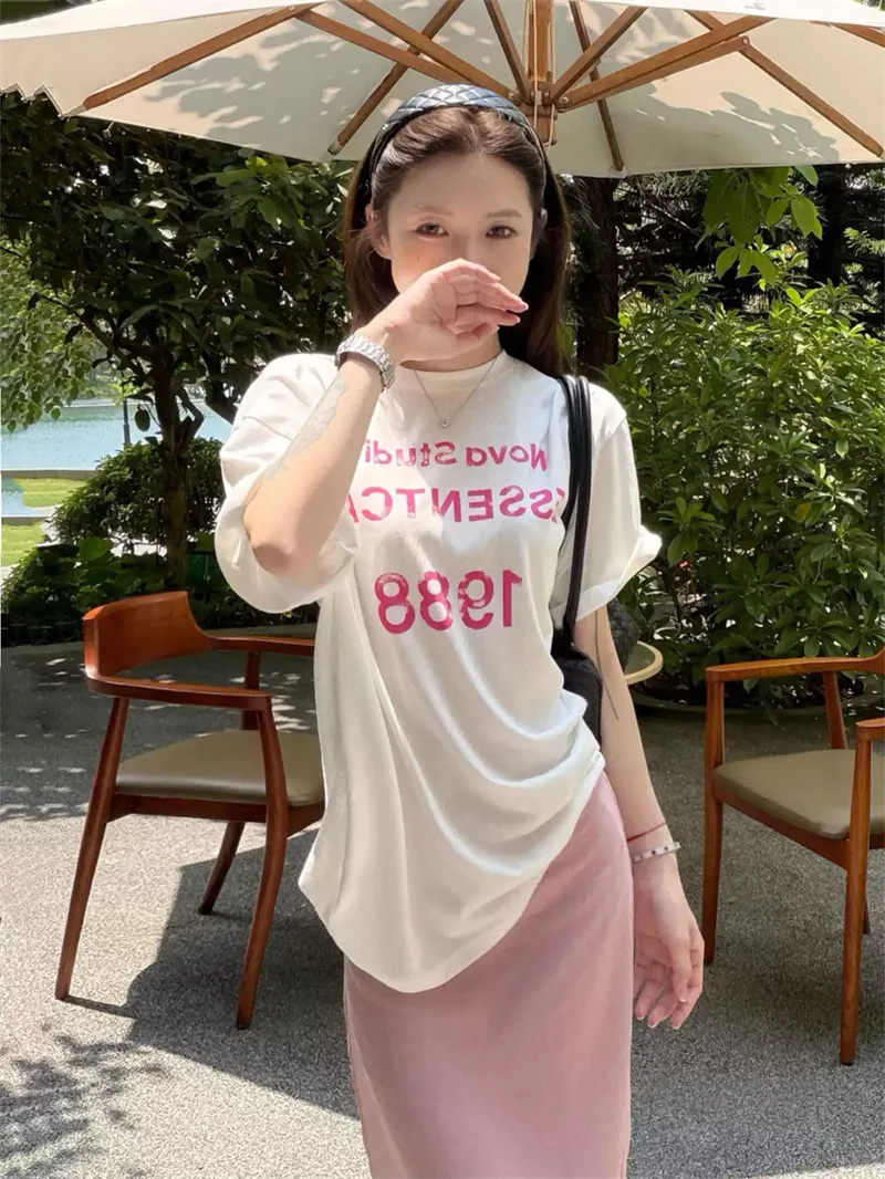 純棉打底衫慵懶寬松字母印花圓領短袖大碼T恤 商品細節 3