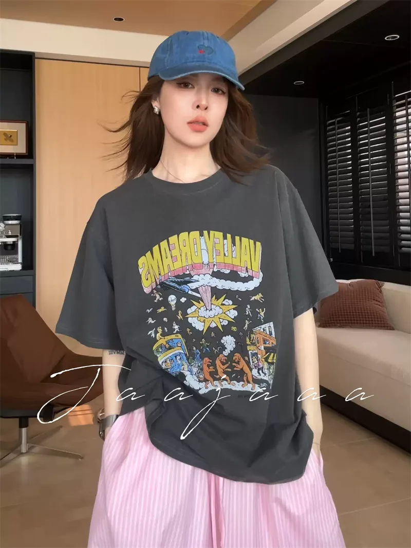 純棉打底衫慵懶寬松卡通印花圓領短袖大碼T恤 商品細節 1