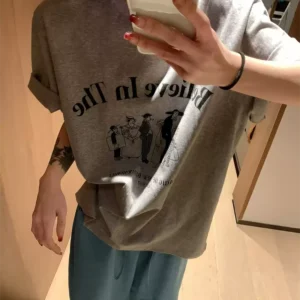 純棉打底衫慵懶寬松卡通印花圓領短袖大碼T恤