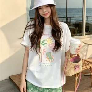 純棉打底衫慵懶寬松字母印花圓領短袖大碼T恤