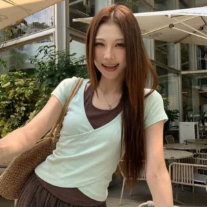 210克精棉設計感交叉假兩件短袖t恤女穿搭小眾短上衣