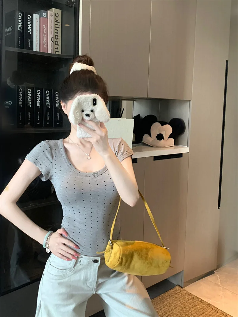 粉色波點u領短袖正肩T恤設計感收腰打底衫甜美修身上衣 商品細節 1