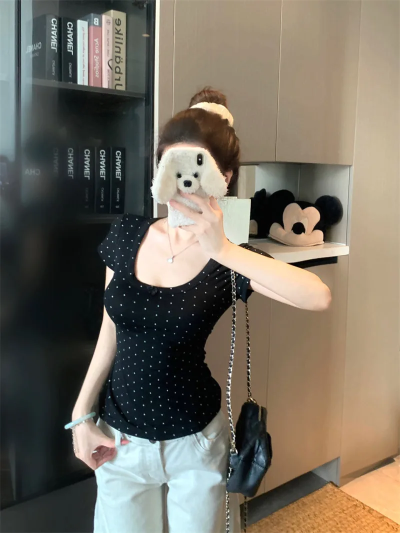 粉色波點u領短袖正肩T恤設計感收腰打底衫甜美修身上衣 商品細節 2
