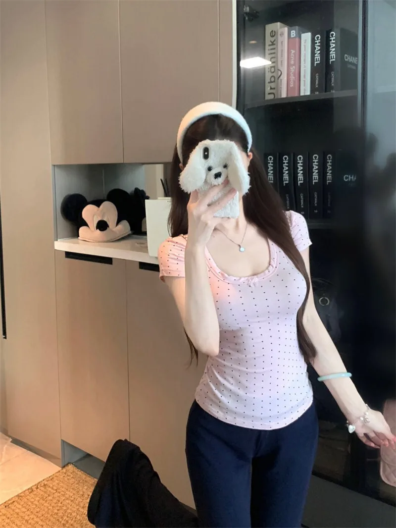 粉色波點u領短袖正肩T恤設計感收腰打底衫甜美修身上衣 商品細節 3