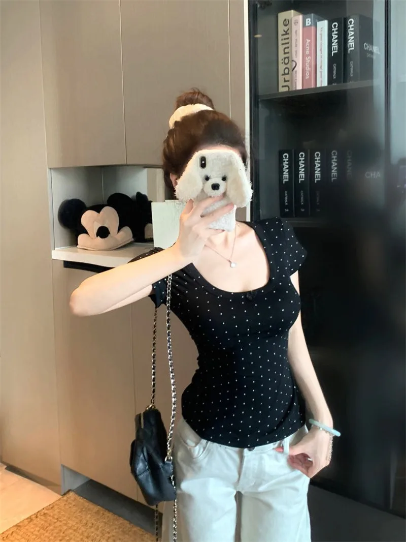 粉色波點u領短袖正肩T恤設計感收腰打底衫甜美修身上衣 商品細節 4
