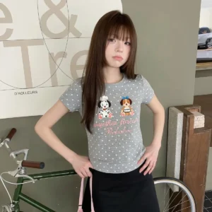 210克精棉童趣風卡通小狗波點短袖T恤美式可愛正肩小衫緊身上衣