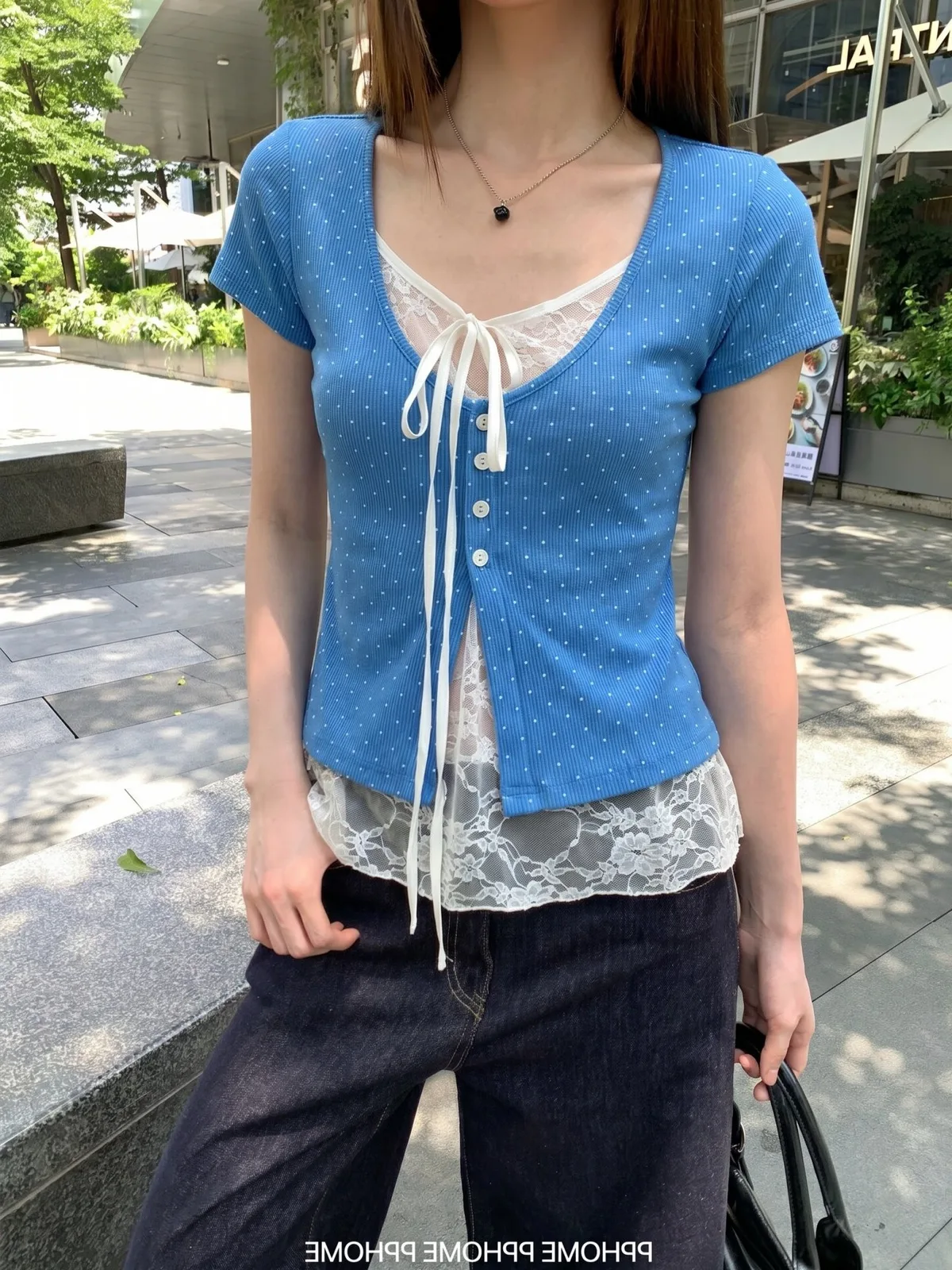 260克人棉波點假兩件正肩短袖女設計感蕾絲收腰小上衣