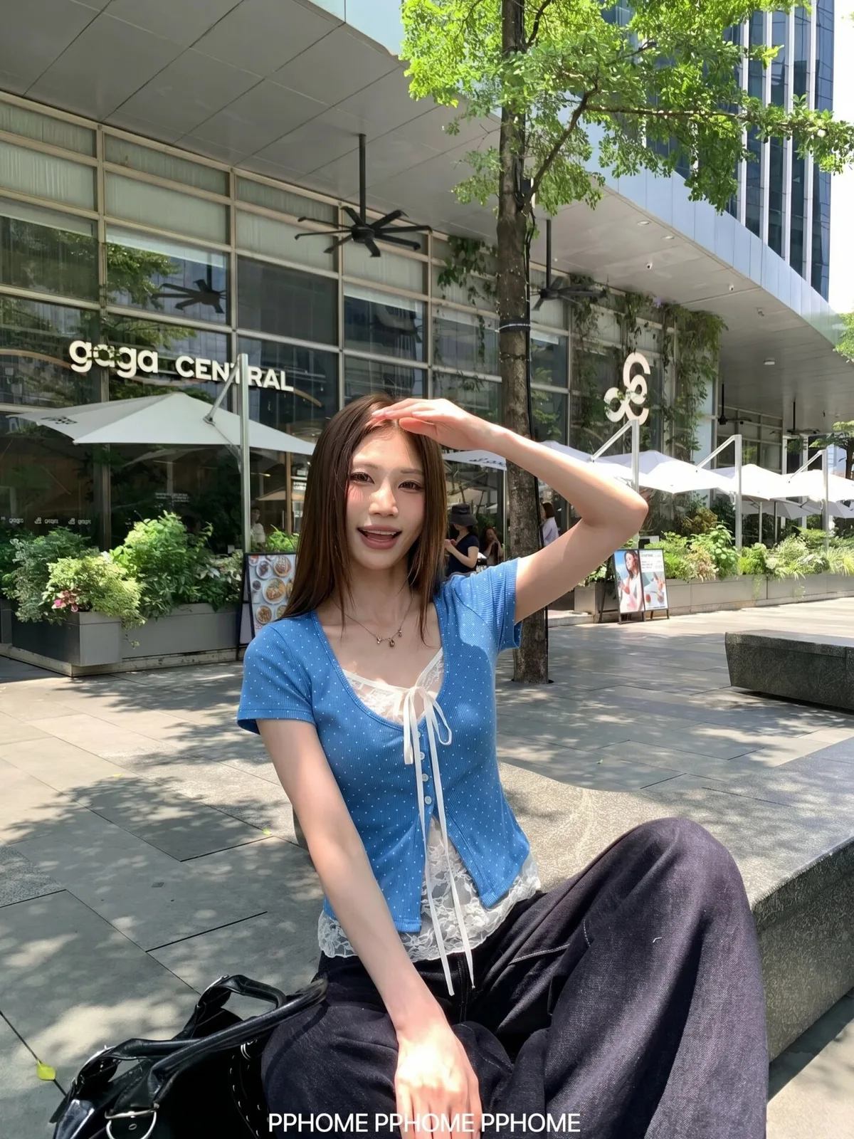 260克人棉波點假兩件正肩短袖女設計感蕾絲收腰小上衣:圖片 4
