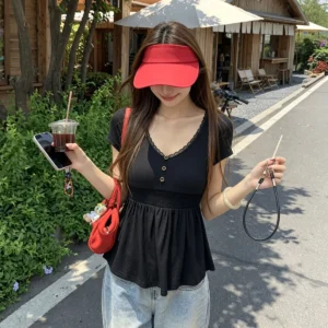 萊賽爾黑色蕾絲拼接v領短袖T恤氣質褶皺收腰小眾正肩短上衣