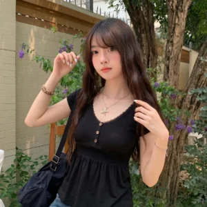 萊賽爾設計感蕾絲拼接V領女紐扣短袖T恤收腰褶皺收腰黑色上衣
