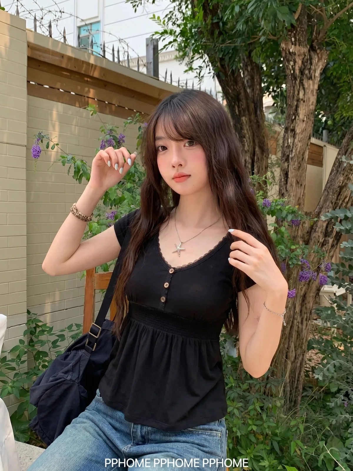 萊賽爾設計感蕾絲拼接V領女紐扣短袖T恤收腰褶皺收腰黑色上衣