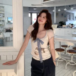萊賽爾高智甜美小鹿印花T恤蕾絲拼接收腰短袖上衣
