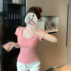 萊賽爾粉色小眾U領木耳邊短袖T恤甜修身休閒短上衣