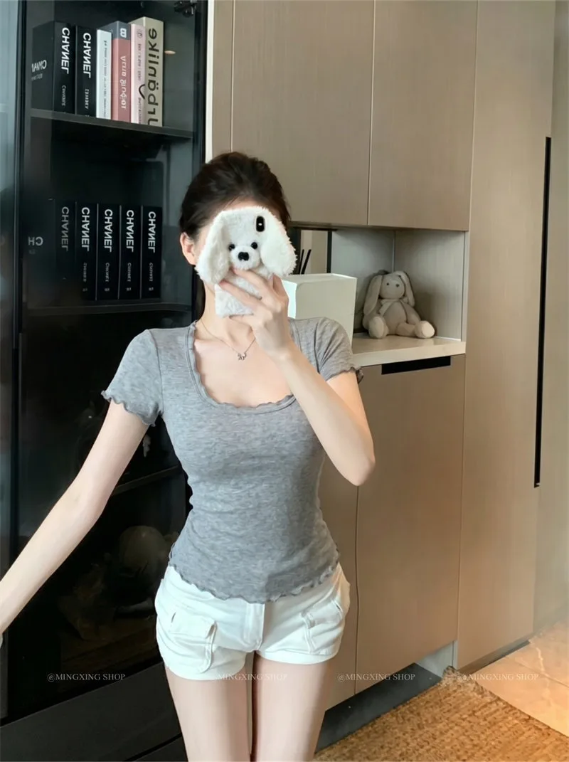 萊賽爾粉色小眾U領木耳邊短袖T恤甜修身休閒短上衣 商品細節 2