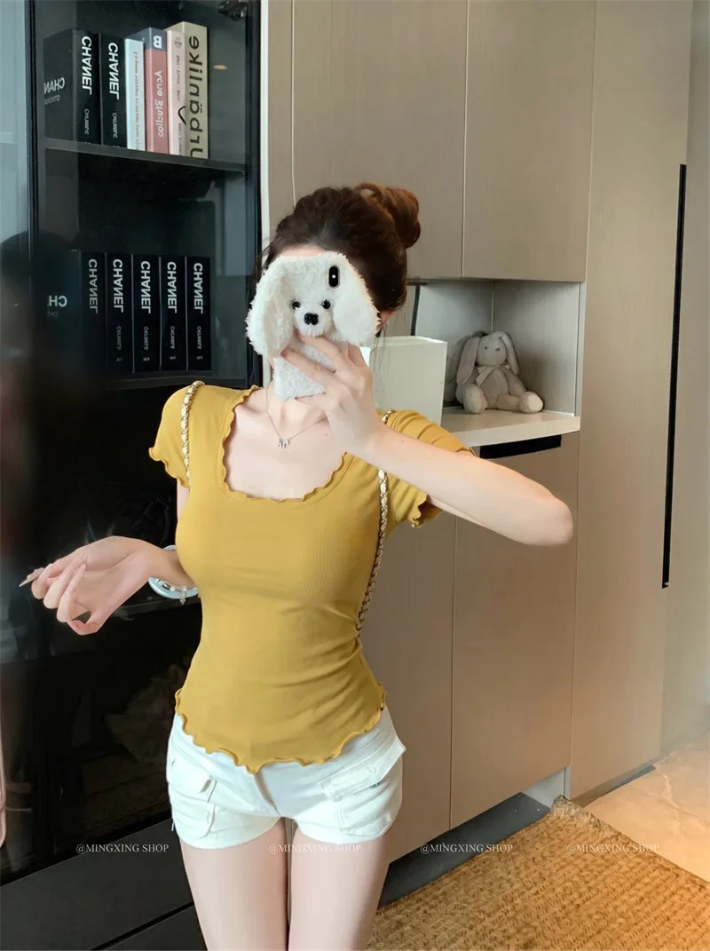 萊賽爾粉色小眾U領木耳邊短袖T恤甜修身休閒短上衣 商品細節 3