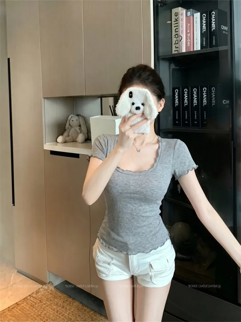 萊賽爾粉色小眾U領木耳邊短袖T恤甜修身休閒短上衣 商品細節 4