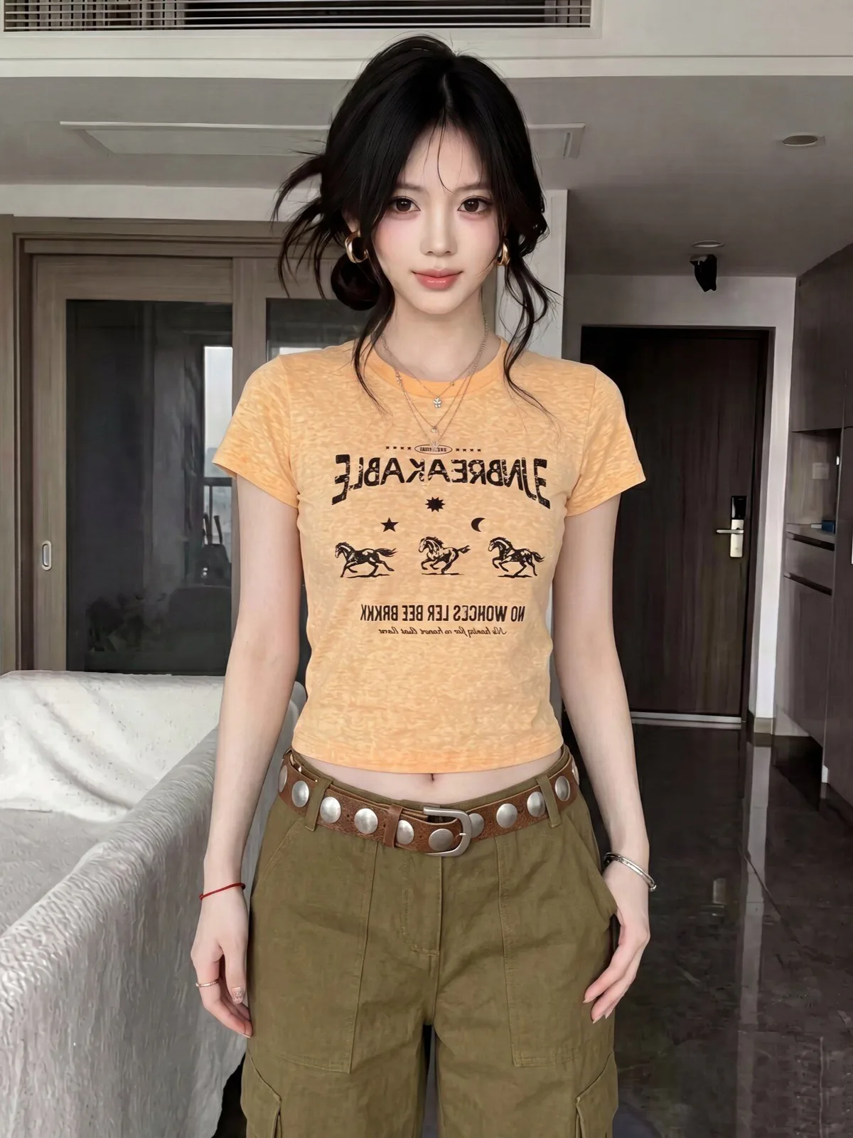 美式復休閒印花圓領雪花亞麻短袖T恤修身休閒上衣 商品細節 1