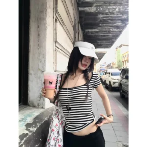 美式條紋U領美背鏤空短袖T恤修身純欲綁帶上衣