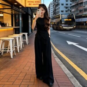 黑色法式交疊收腰上衣與垂墜闊腿褲兩件套穿搭