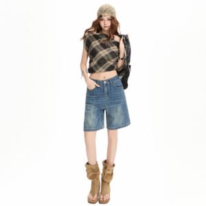 薄款中褲寬松直筒港味高腰5分短牛仔褲