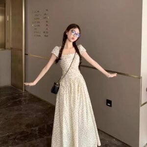 法式・度假風・方領・波點・長版洋裝