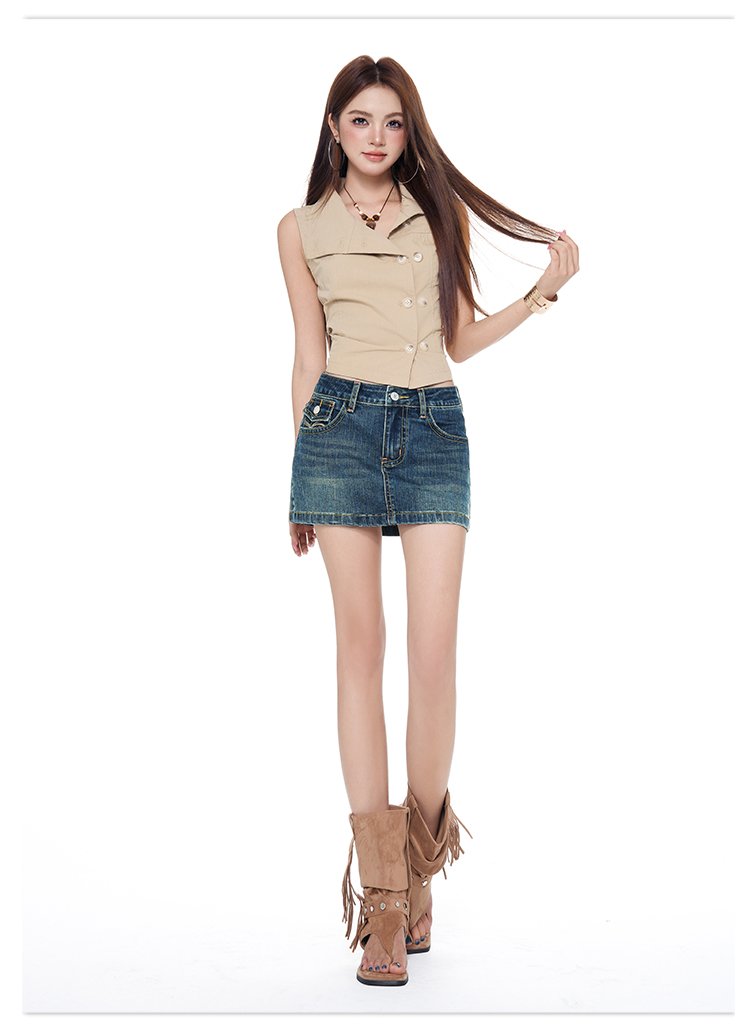 復古低腰牛仔短裙竹節彩線設計A字半身裙 商品細節