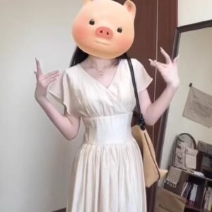 杏色・法式・V領・長版洋裝