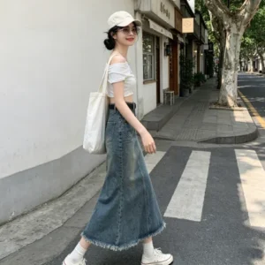 復古水洗毛邊魚尾牛仔半身裙高腰遮胯梨形身材中長款包臀裙