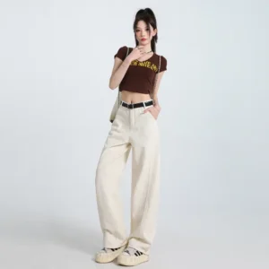 杏色高檔皮牌闊腿牛仔褲寬松鐮刀垂感闊腿褲