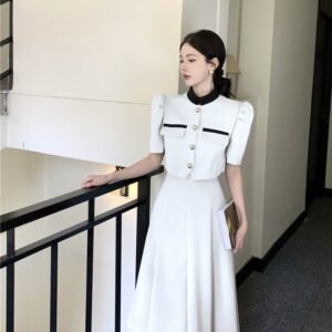 白色・拼接・A字・長版洋裝