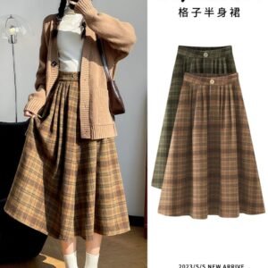 灰綠色／卡其色・高腰・A字・中長版半身裙