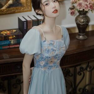 藍色・碎花・拼接・中長版洋裝