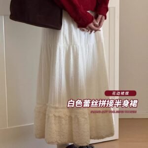 米白色・高腰・蛋糕・A字・蕾絲・長版半身裙