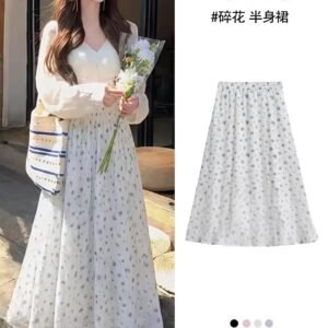 藍色碎花木耳邊款／藍色碎花・A字・中長版半身裙