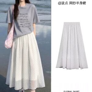 白色・高腰・波點・A字・網紗・中長版半身裙