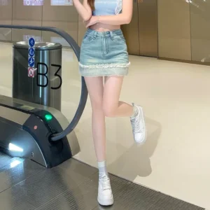 蕾絲拼接牛仔短褲裙新薄款防走光修身短裙