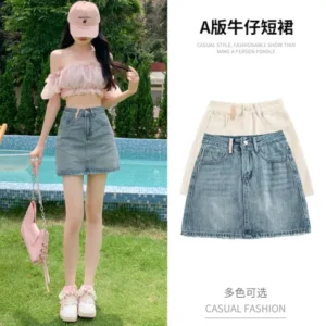復古高腰牛仔短裙A字包臀防走光半身裙