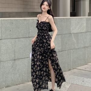 黑色・法式・吊帶・碎花・中長版洋裝