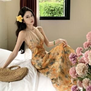 法式・掛脖・露背・印花・長版洋裝