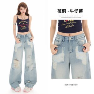 復古做舊破洞牛仔褲高腰寬松梧桐闊腿直筒拖地褲子
