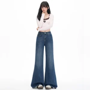 高腰微喇牛仔褲寬松簡約不貼腿拖地喇叭褲子