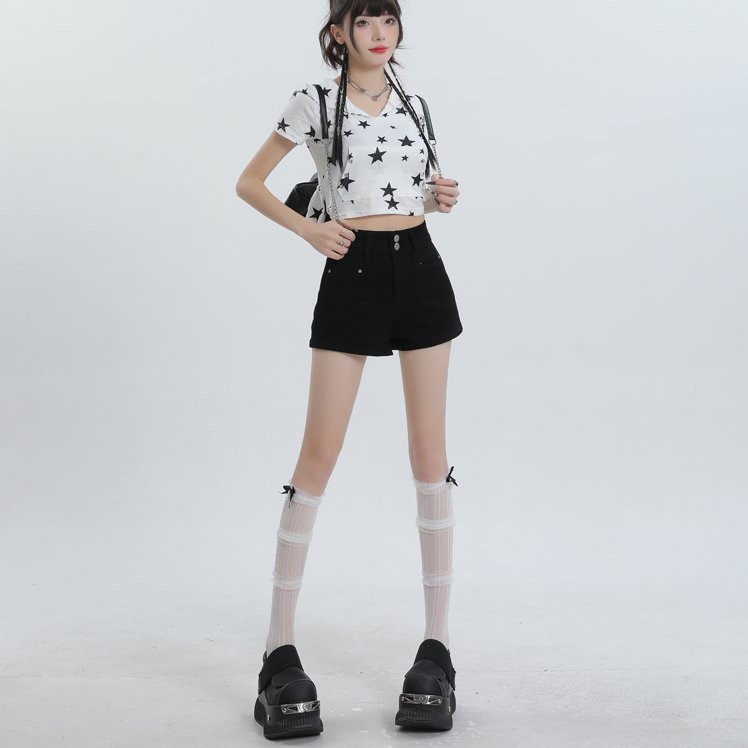 復古高腰牛仔短褲彈力提臀性感熱褲