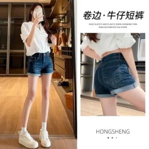 卷邊牛仔短褲薄款高腰寬松A字熱褲