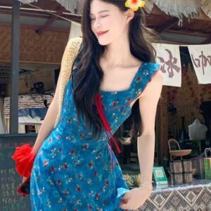 度假風・吊帶・碎花・長版洋裝