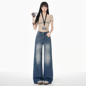復古水洗多排扣牛仔褲寬松直筒褲子