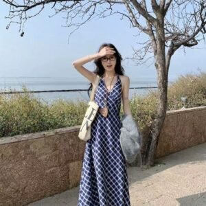法式・吊帶・掛脖・拼接・長版洋裝
