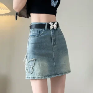 復古高腰蝴蝶刺繡牛仔短裙包臀裙防走光半身裙