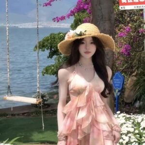 掛脖露背碎花印花洋裝・度假風長裙・沙灘洋裝・款式色