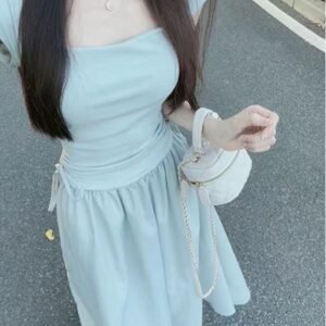 吊帶・方領・拼接・中長版洋裝